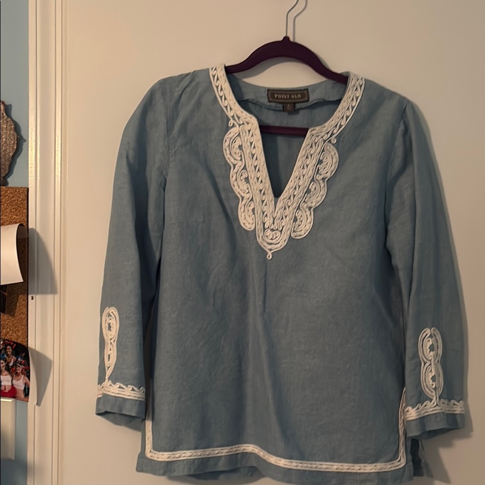 J. Crew Point Sur Blue Top with White Embroidery